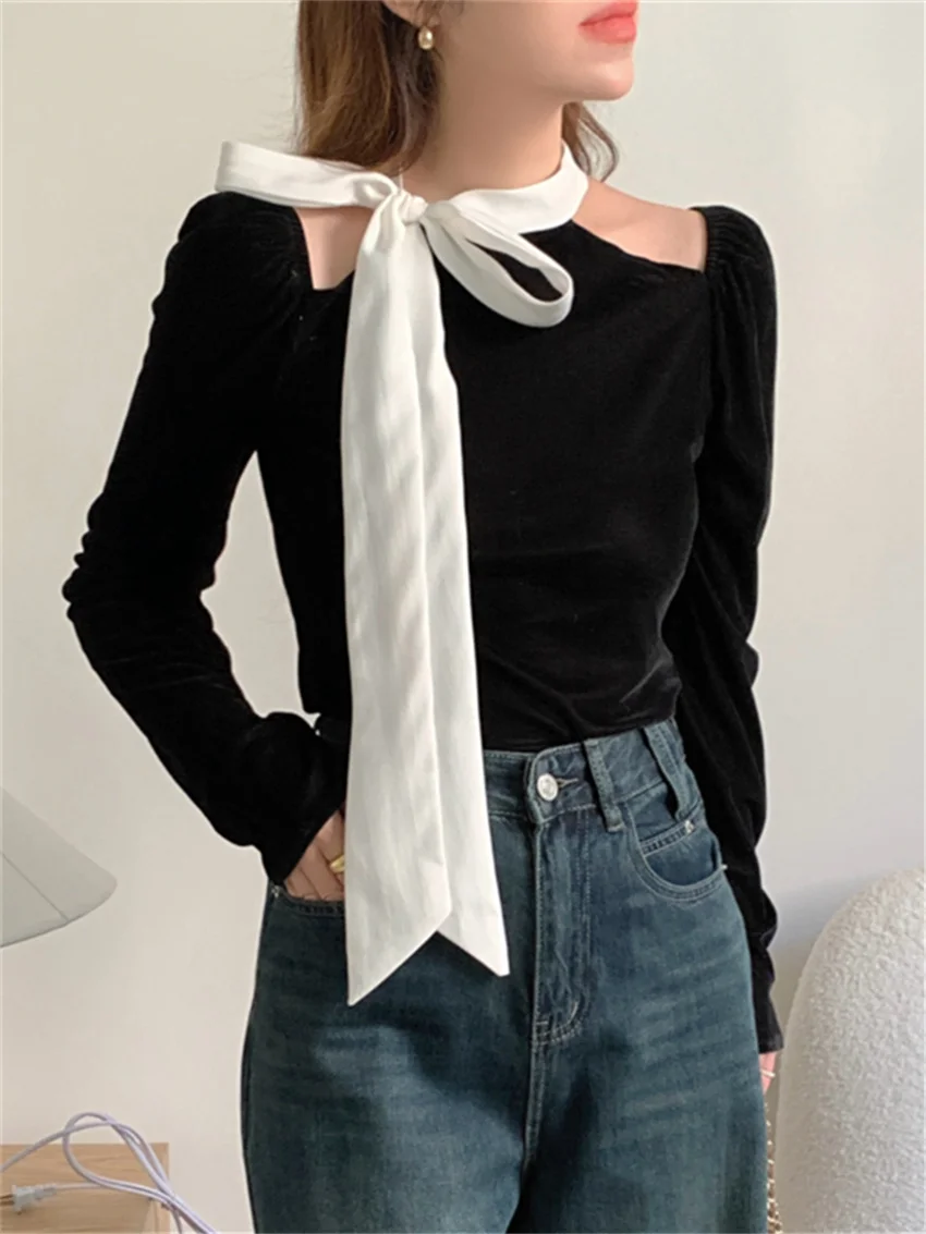 Alien Kitty Black Blouses Women Loose Vintage Slim New Chic 2025 Winter Bow Off Shoulders Casual Office Lady Fashion Blusas