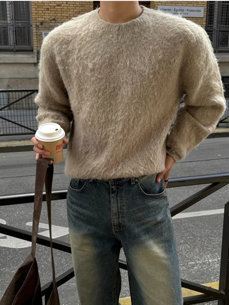 SYUHGFA nouveaux hommes Mohair chandails col rond couleur unie décontracté tricoté vêtements amples coréen pull mâle hauts 2025 hiver