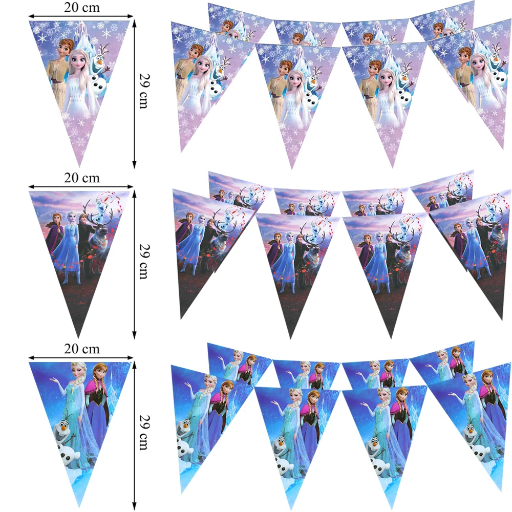 Disney Frozen Birthday Banner Anna And Elsa Happy Birthday Party Decor Kids Hanging Flag Pulling Flower Baby Shower Supplies