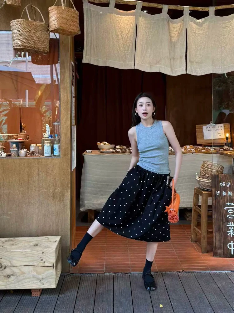 Korean Style Cotton Linen Elastic Waist Puffy Half Skirt Women Summer Color Collision Polka Dot Bloom A-Line Skirt Thin