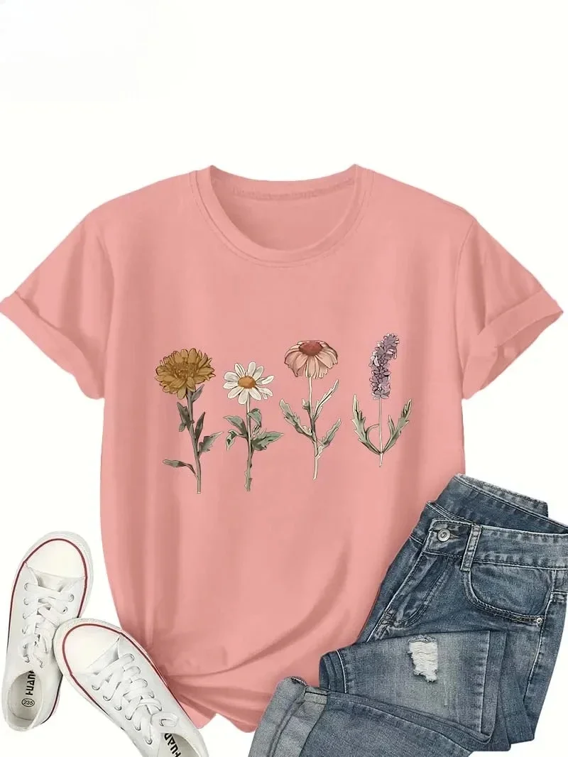 Women's White Short-sleeved T-shirt with Delicate Floral Print, An Elegant and Casual Top Inspired By Nature.Summer Streetwear