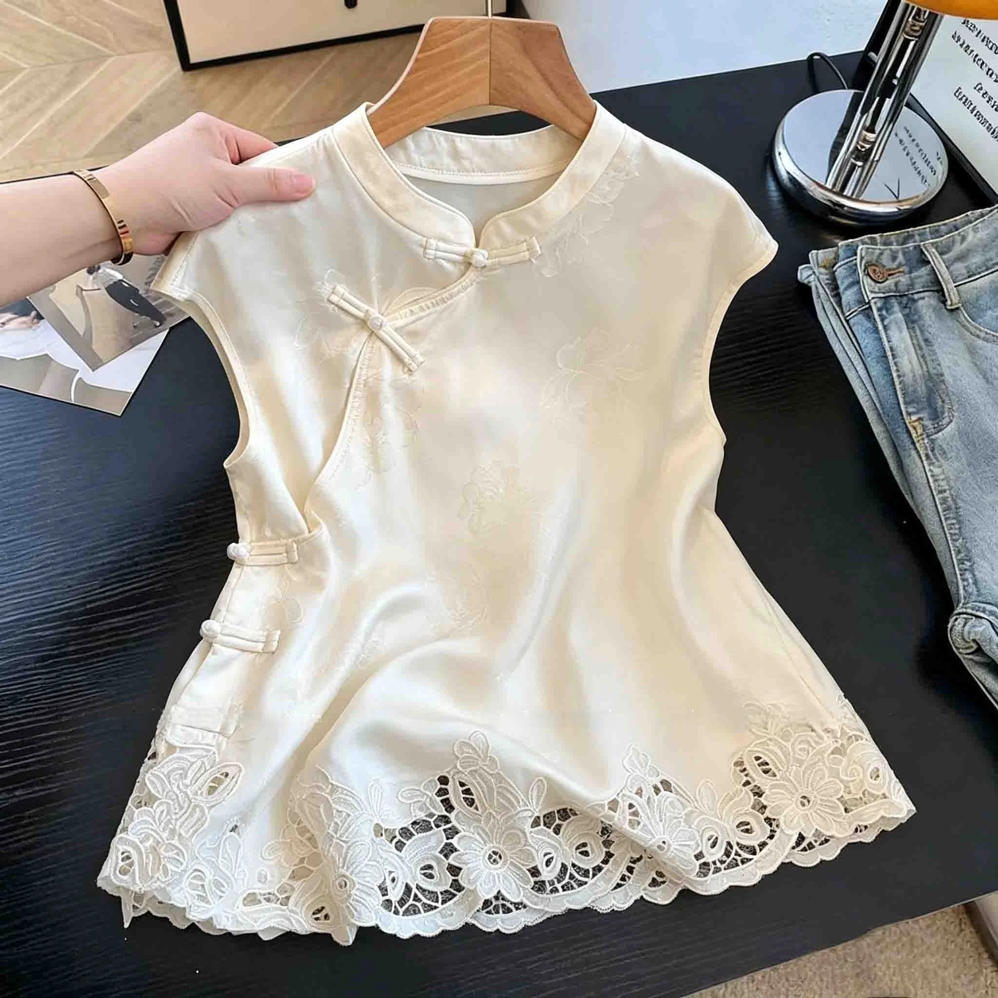 New Chinese Style Hollow Embroidery Asymmetrical Button Sleeveless Shirt Women Summer 2025 Breathable Cool Feeling Top