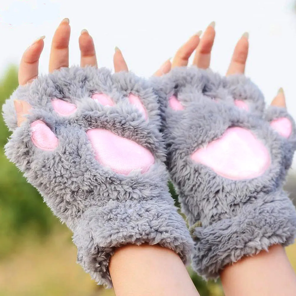 Plush Bear Cat Paw Claw Winter Gloves Soft Warm Flip Half Finger  Girls Christmas Gifts Mittens Women Cute Girls Christmas Gift