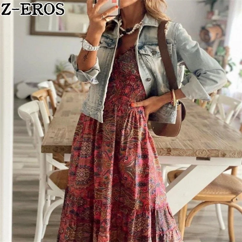 Z-EROS Vintage Bohemian Long Dress Elastic Waist Fragmented Flower Print Large Swing Short Sleeve V-Neck Slim Fit Pleated Dress