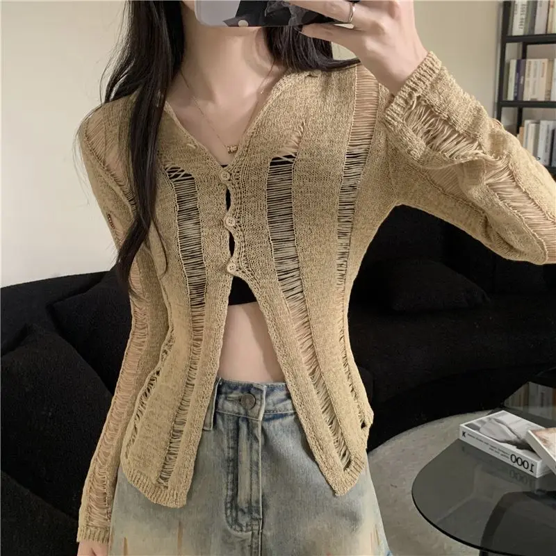 Spring Summer Button Solid Color Sweater Knitted Long Sleeve Hollow Out Cardigan Coats Casual Fashion Women\'s Clothing Tops