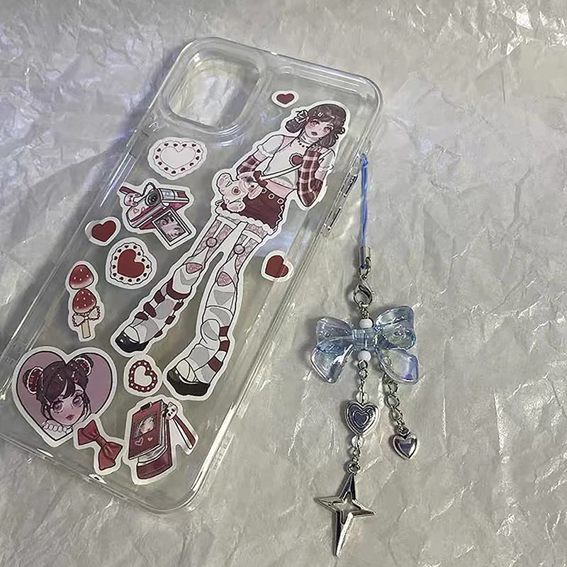 

Creative Handmade Blue Bow Clear Heart Bead String Charm Strap Cute Star Knot Pendant Girl Woman Keychain Lanyard For Phone