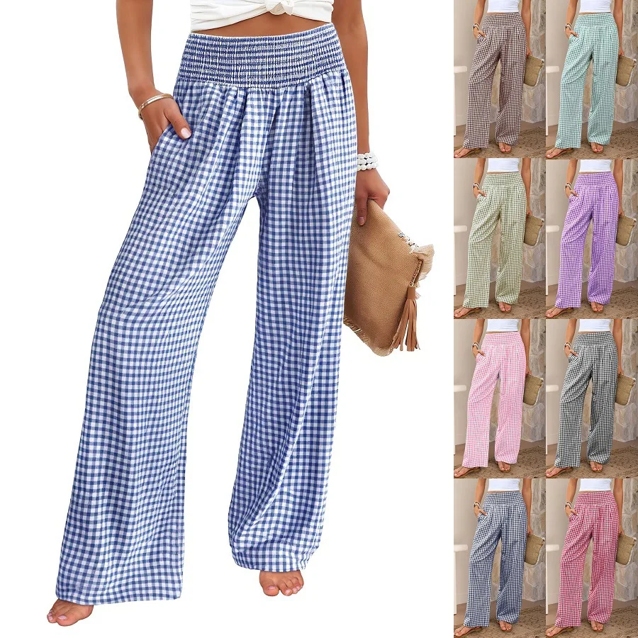 

Fashion Women's Plaid Trousers High Waist Simple Elastic Waist Pocket Casual Slim Vacation Wide Leg Pants for Female