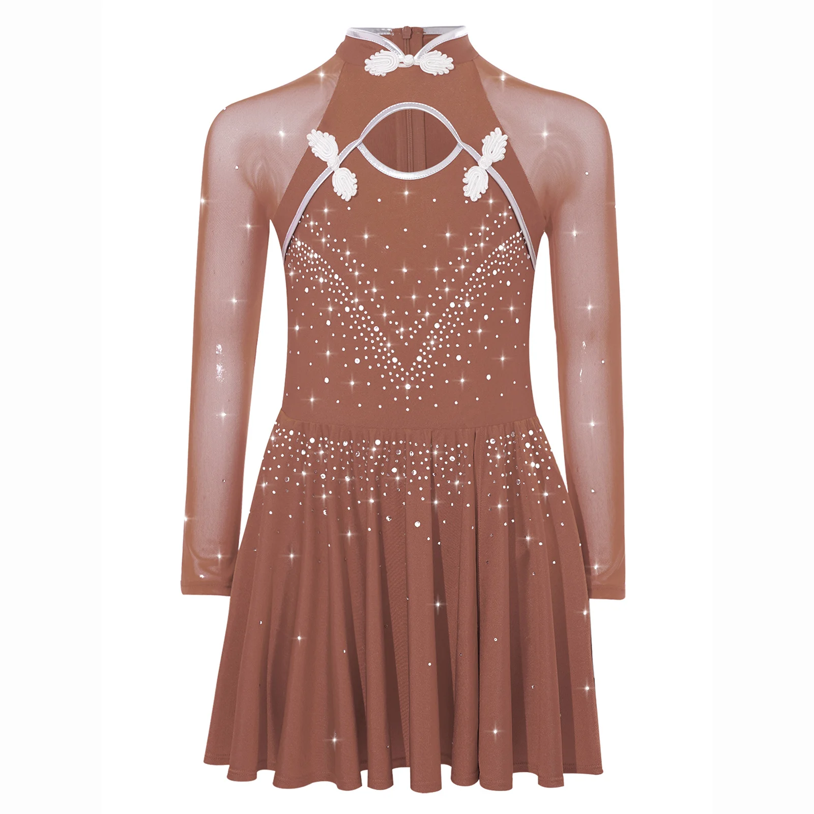 Girls Lyrical Dance Dress Long Sleeves Mandarin Collar Sheer Mesh Shiny Rhinestones Knot Button Side Split Ballet Leotard Dress