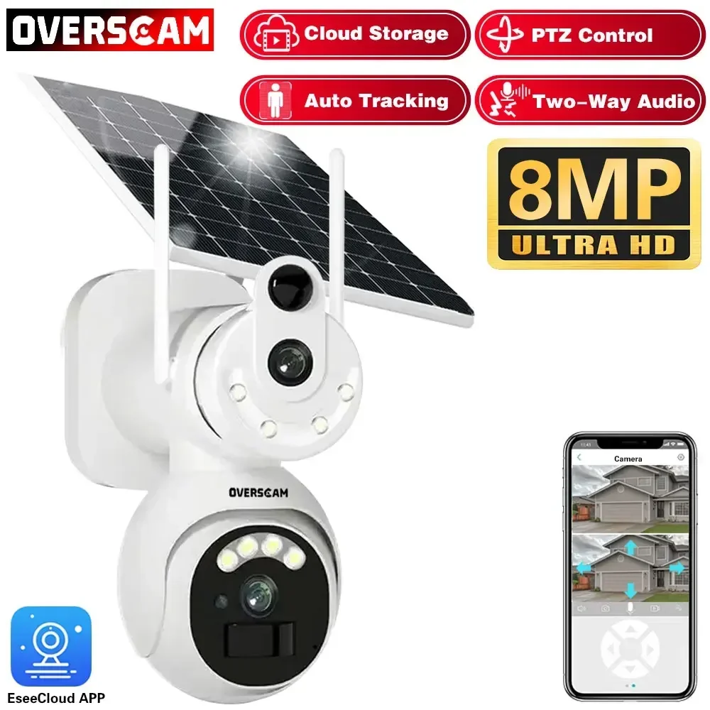 

4K 8MP WIFI Dual Lens PTZ Solar Camera Dual Screens PIR Human Tracking Outdoor WIFI Security CCTV Surveillance IP White Camera