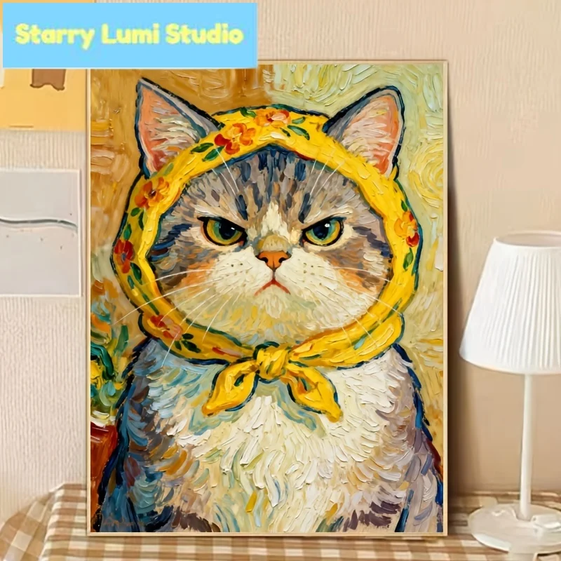 A Cat Wearing a Yellow Flower Turban DIY Diamond Painting 5D Diamond Mosaic Cross Stitch for Home Decoration Unique Gifts