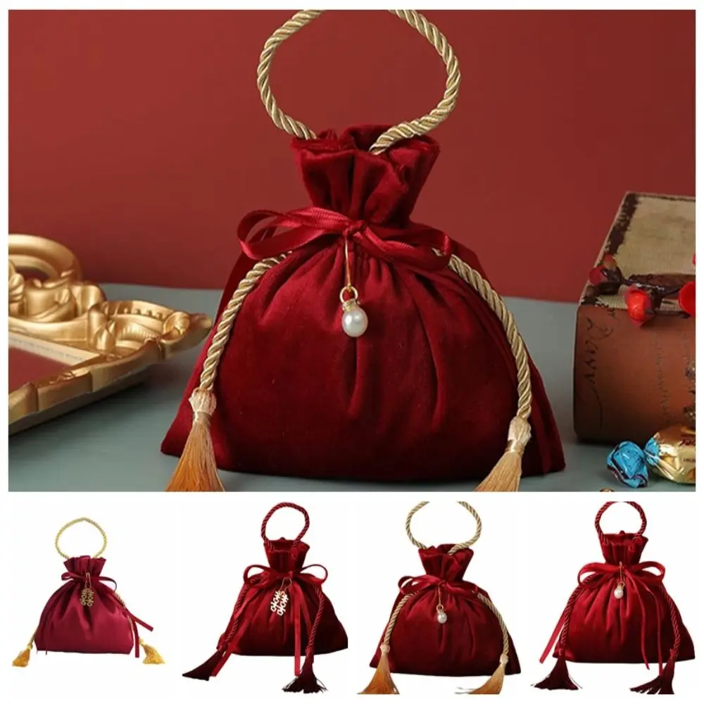 Velvet Drawstring Candy Bag Non-woven Fabrics With Drawstring and Tassels Flannel Gift Bag Exquisite Wine Red