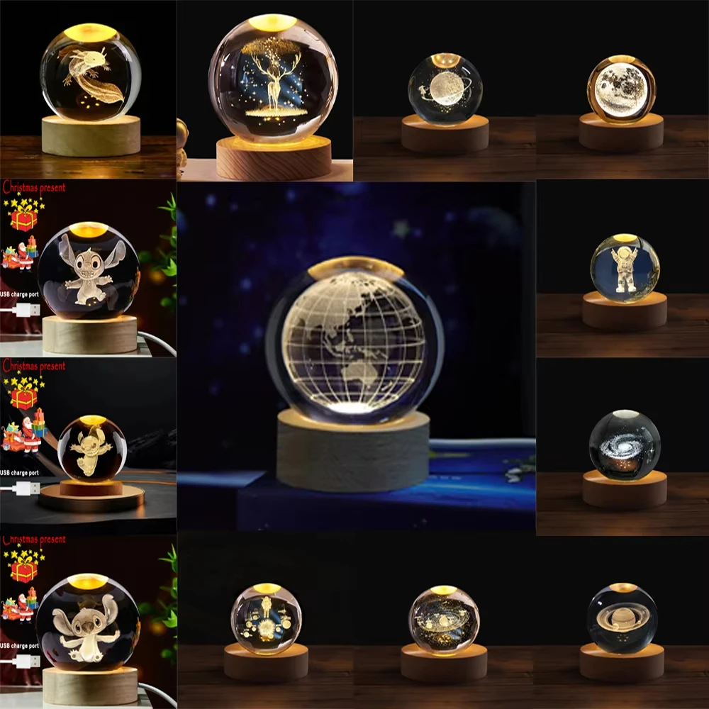 

6cm 3D Crystal Ball Stitch Astronaut Solar System Saturn Milky Way Crystal Planet Night Light Laser Carving Children's Gifts