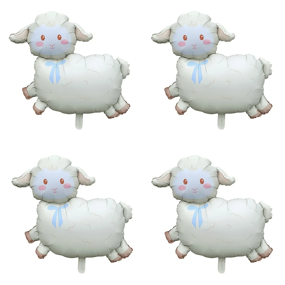 Cute Lamb Sheep Foil Balloon, Cream Cartoon Farm Animal Shaped Balloon with Light Blue Bow for Baby Shower, Kids 1st Birthday, F