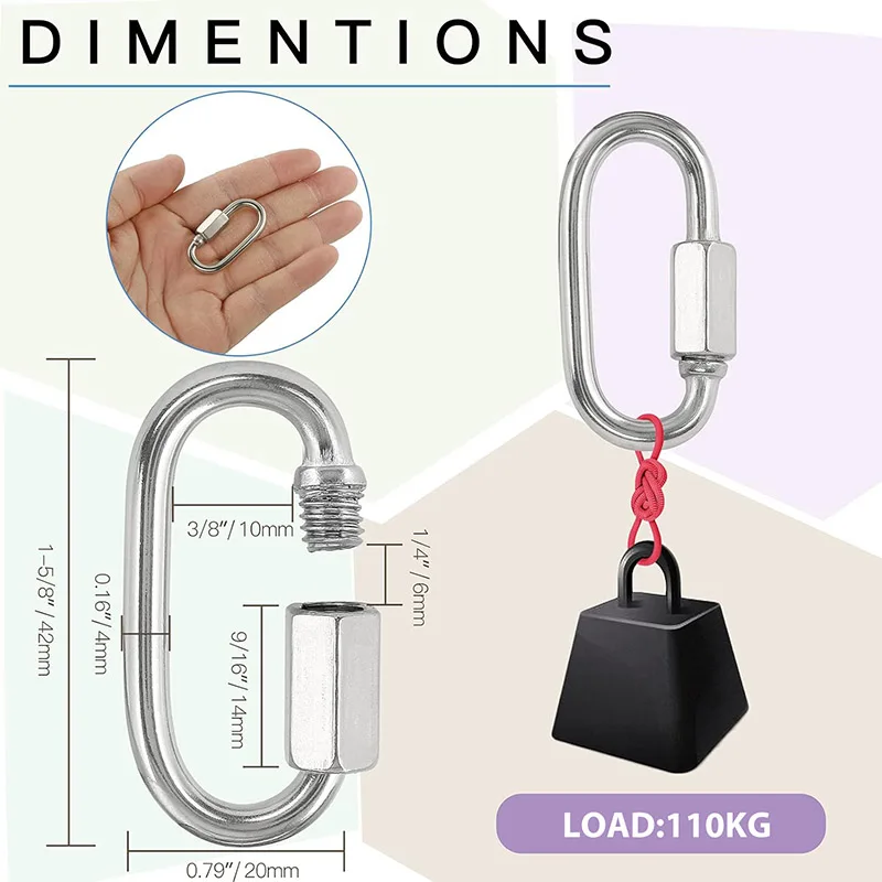 10Pcs Multifunctional 304 Stainless Steel M4 Carabiner Quick Oval Screwlock Link Lock Ring Hook