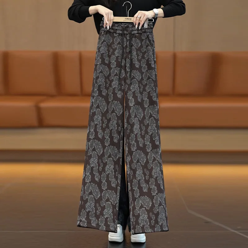 

Rose Print Woolen Pants for Women Winter Design Sense Draped Loose Vintage Floor-Length Straight Pants