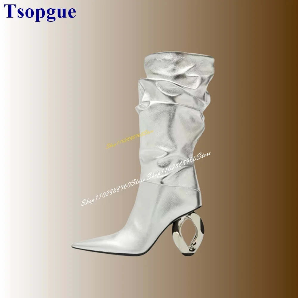 

Mid Calf Silver Pleated Stylish Boots Strange Style Heel Women Shoes Slip On Pointed Toe 2024 Fashionable Zapatos Para Mujere