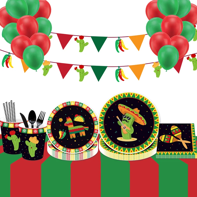 Mexican Festival Cactus Theme Party Disposable Tableware  Paper Plates Cups Balloons Kids Favor Birthday Decoration Supplies