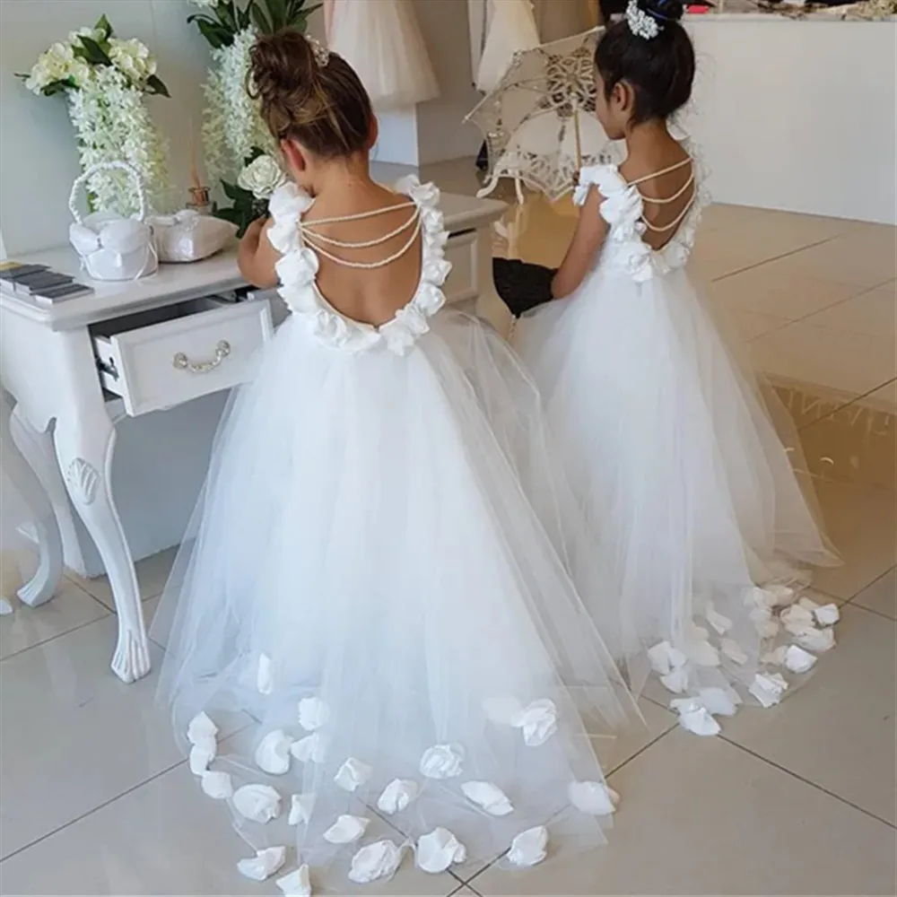 

Elegant Flower Girl Wedding Dress Appliques Beaded Pearl Sleeveless Princess Birthday Party Prom First Communion Gown Customized