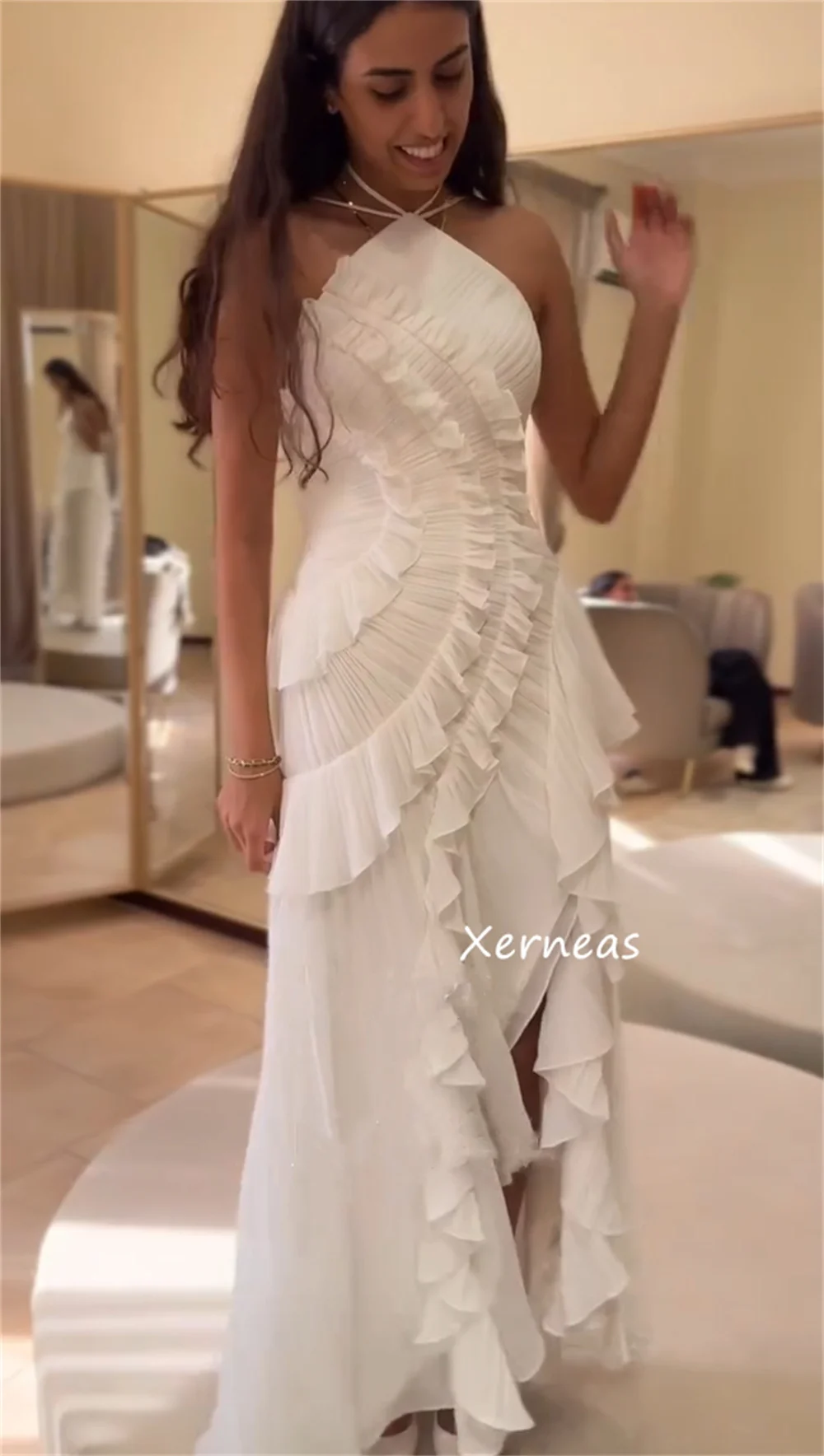 Maßgeschneiderte, exquisite Chiffon-Kleider mit Rüschen, A-Linie, Neckholder, lange Kleider, maßgeschneiderter Anlass, Quinceanera, passender chinesischer Stil