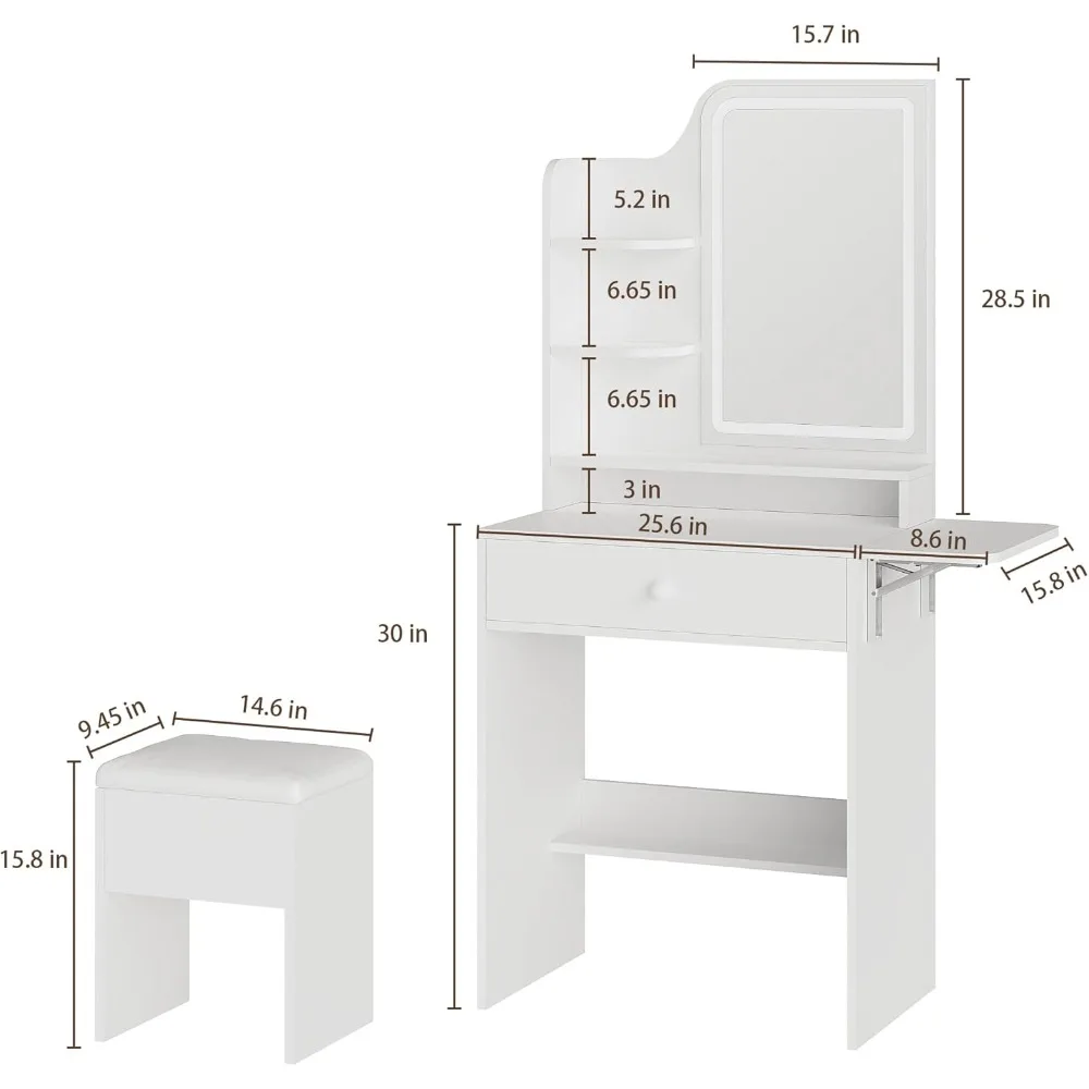 Piccola toeletta con specchio e luce, toeletta con stazione di ricarica, toeletta compatta con scatola portaoggetti