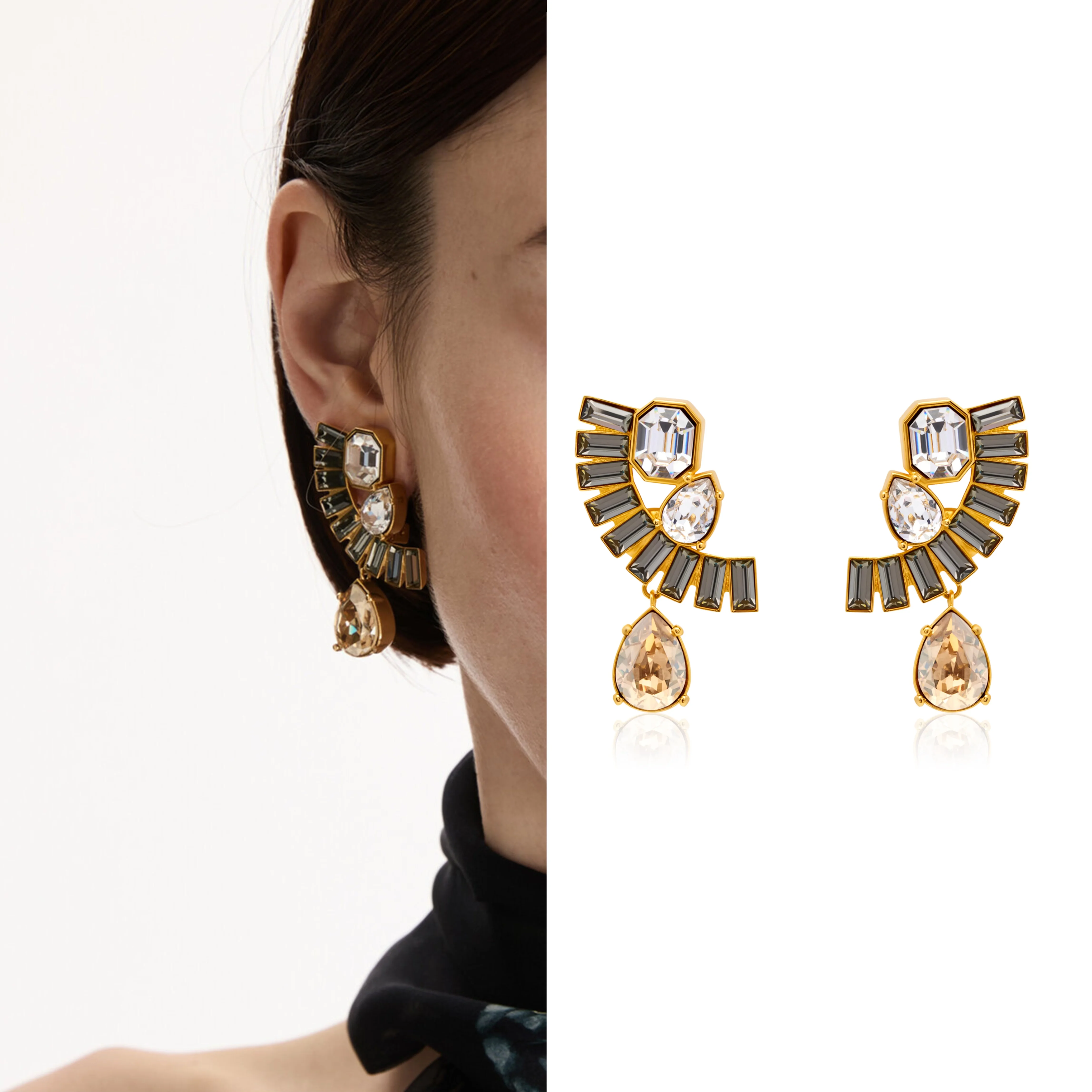Niche Design Crystal Clip-On Earrings for Women, European & American Export Style Luxury Sweet Statement Earrings