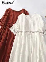 Retro Cotton Linen Dress Women's New Summer Loose Breathable Embroidery Dresses for Women's Round Neck Casual Dress