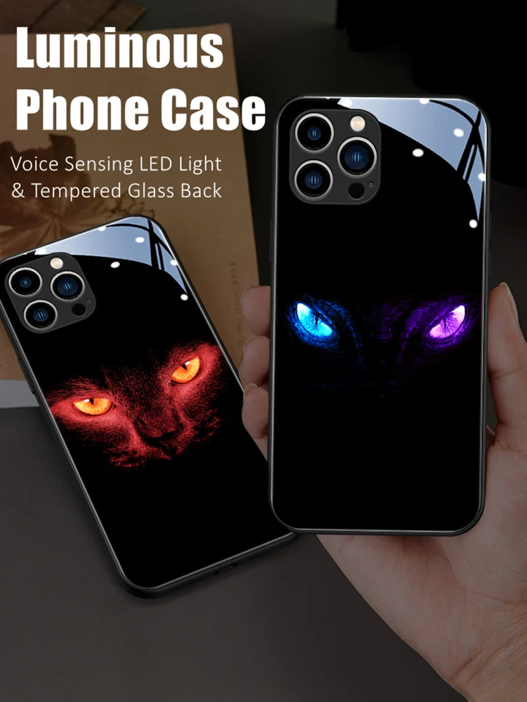 

Horrible Eye Voice Sensing LED Light Glow Luminous Party Phone Case for iPhone 16 Pro Max Plus Tempered Glass for Christmas Gift