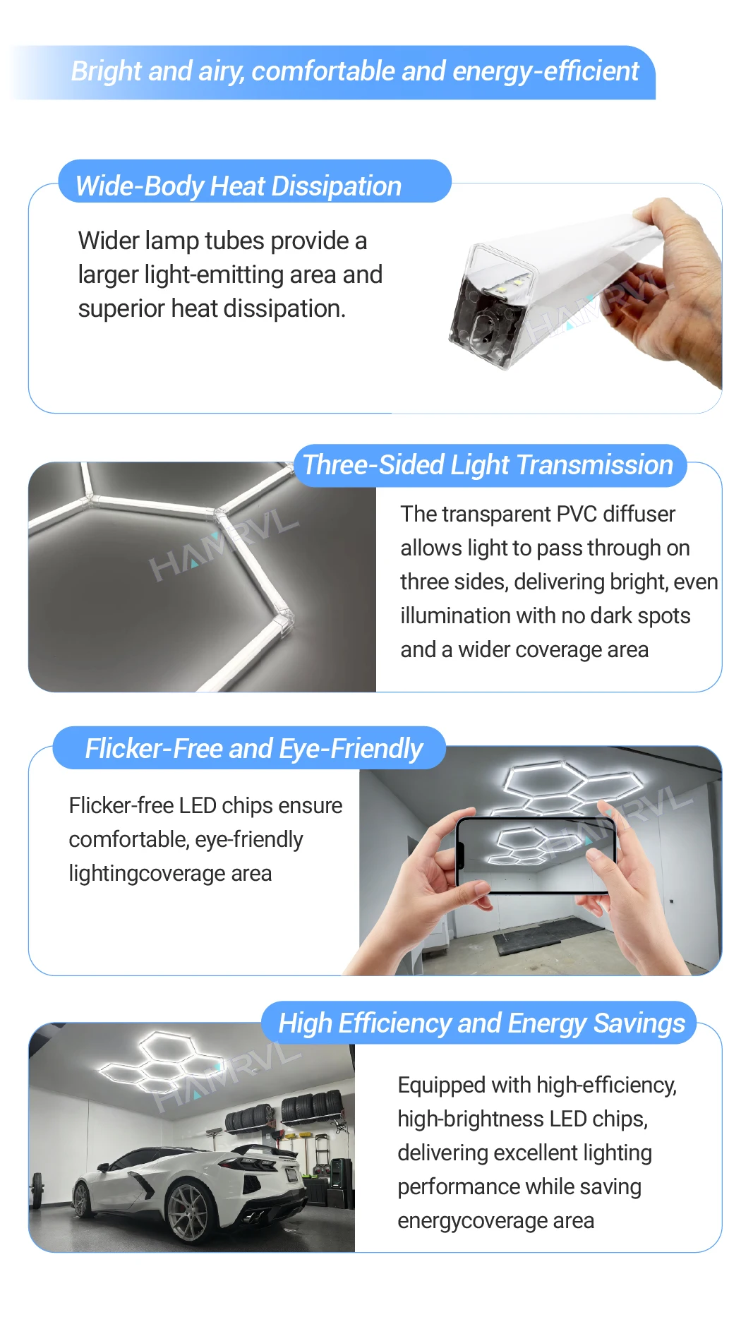 LED Rectangle Lighting 4S Car Showroom Barber Workshop Office Desk Ceiling Lamp Color Change Dimmable Garage Hexagon Lights Gym