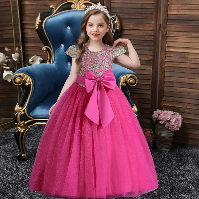 Fashion Bow Kids Dresses for Girls Lace Sleeveless Flower Girl Dresses for Weddings Summer Children Girls Party Dress 5-16 Years