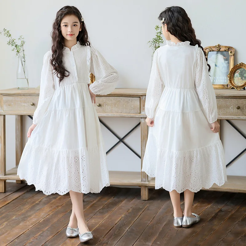 Girls Mid Long lace Patchwork Teenager dress 4 8 to 10 12 14 Years 2026 spring hollow Dresses White kid baby party mesh princess