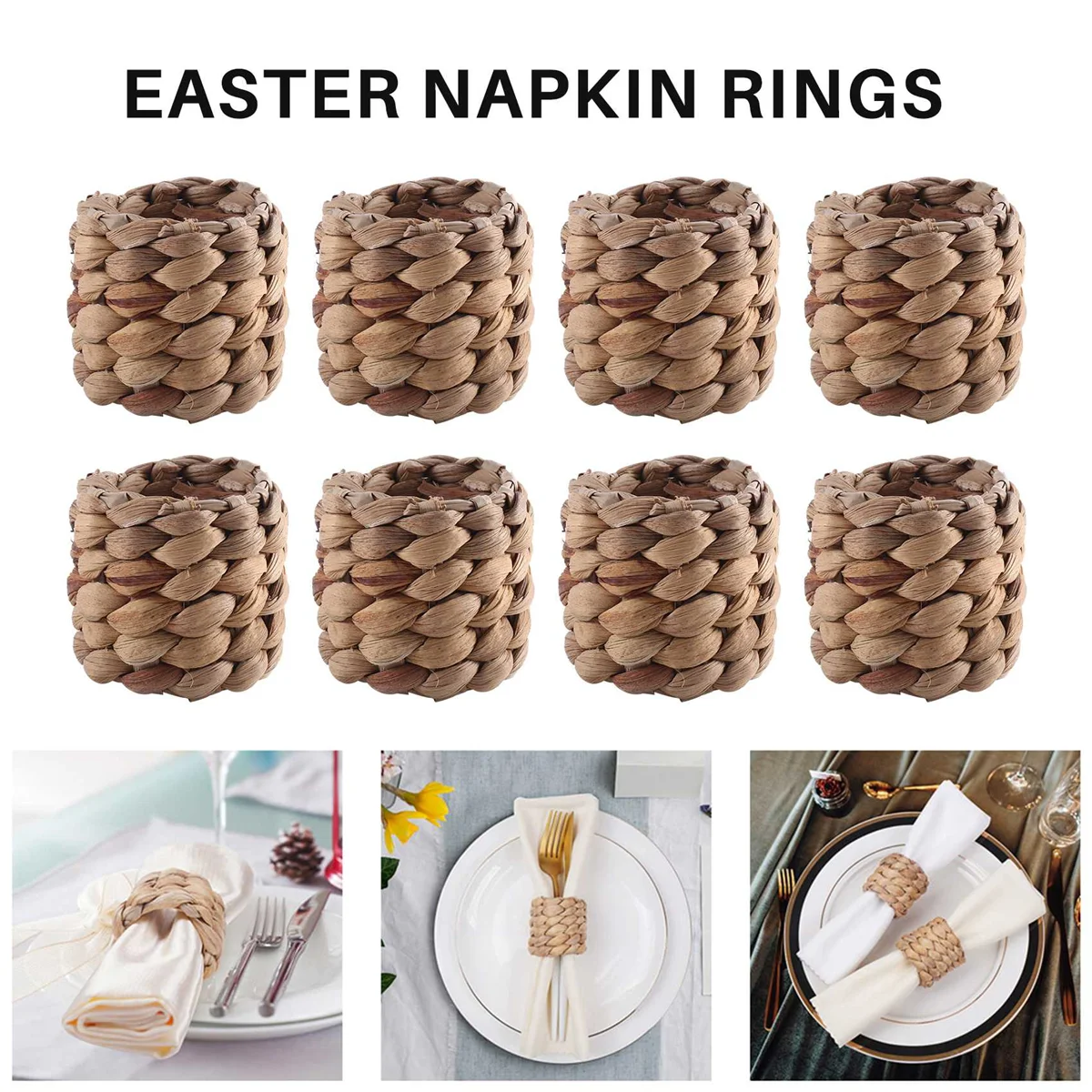 Water Hyacinth Napkin Rings Set of 12, Hand-Woven Farmhouse Napkin Rings, Rustic Napkin Rings for Birthday Party