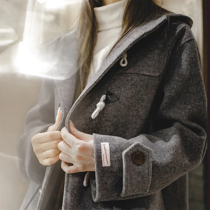 

Maden-Women's Mid-length British Style Woolen Coat, Cowhorn Button, Woolen Coat, Autumn, Winter