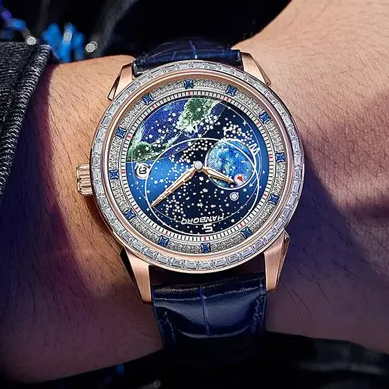 HANBORO Men Automatic Watch 41.5mm Mechanical Wristwatch Waterproof Luminous Sapphire Mirror Miyota 8217 Rotatable Sky Dial