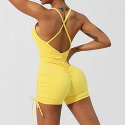 Crossover Back Yoga Wear V Neckline Tight Shorts Sleeveless Jumpsuit Gym Oddychająca, szybkoschnąca odzież do ćwiczeń z wkładkami do biustonosza