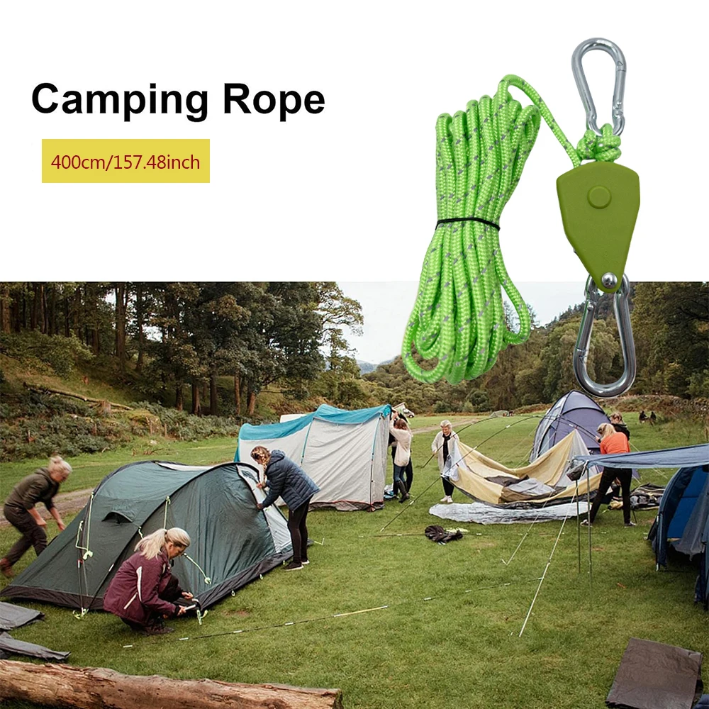 1/6Pcs 4m 4mm Camping Tent Tie Down Rope Tightener Fastening Wind Rope Buckle Pulley Ratchet Hangers Awning Rope Hook