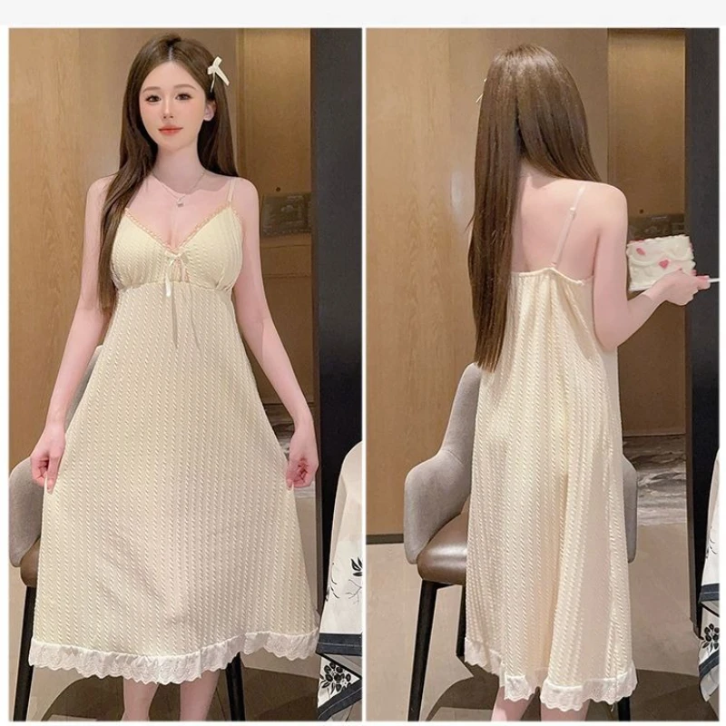 5XL Plus Size Summer New Sleep Dress with Chest Pads Women Strap Cotton Solid Nightgown Sweet Korean Sle Outside Home Clothes