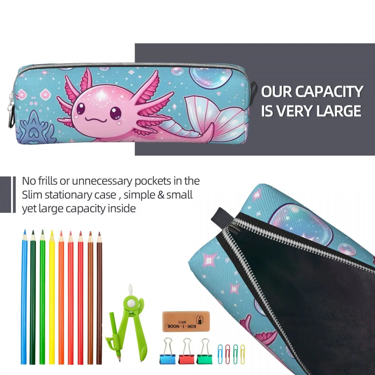 Kawaii Axolotl Pencil Cases Mexican Salamander Animal Pen Bag Kids Large Storage School Supplies Gifts Pencil Pouch