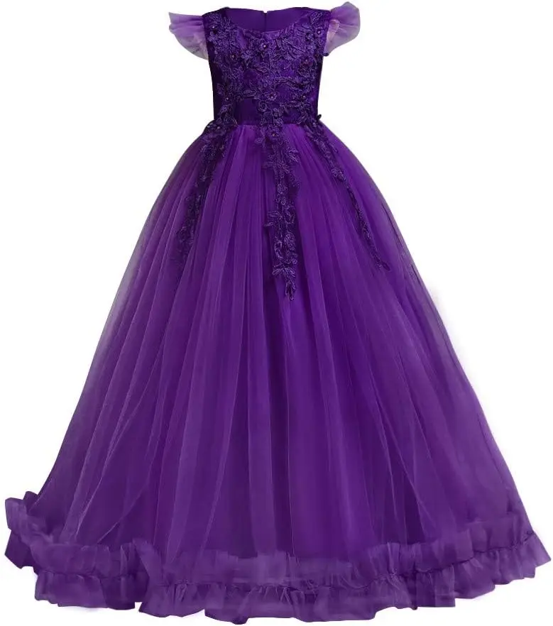 Girl Embroidered Tulle Lace Maxi Flower Girl Wedding Dress Birthday Beauty Pageant Celebration Communion Ball Tulle EveningDress