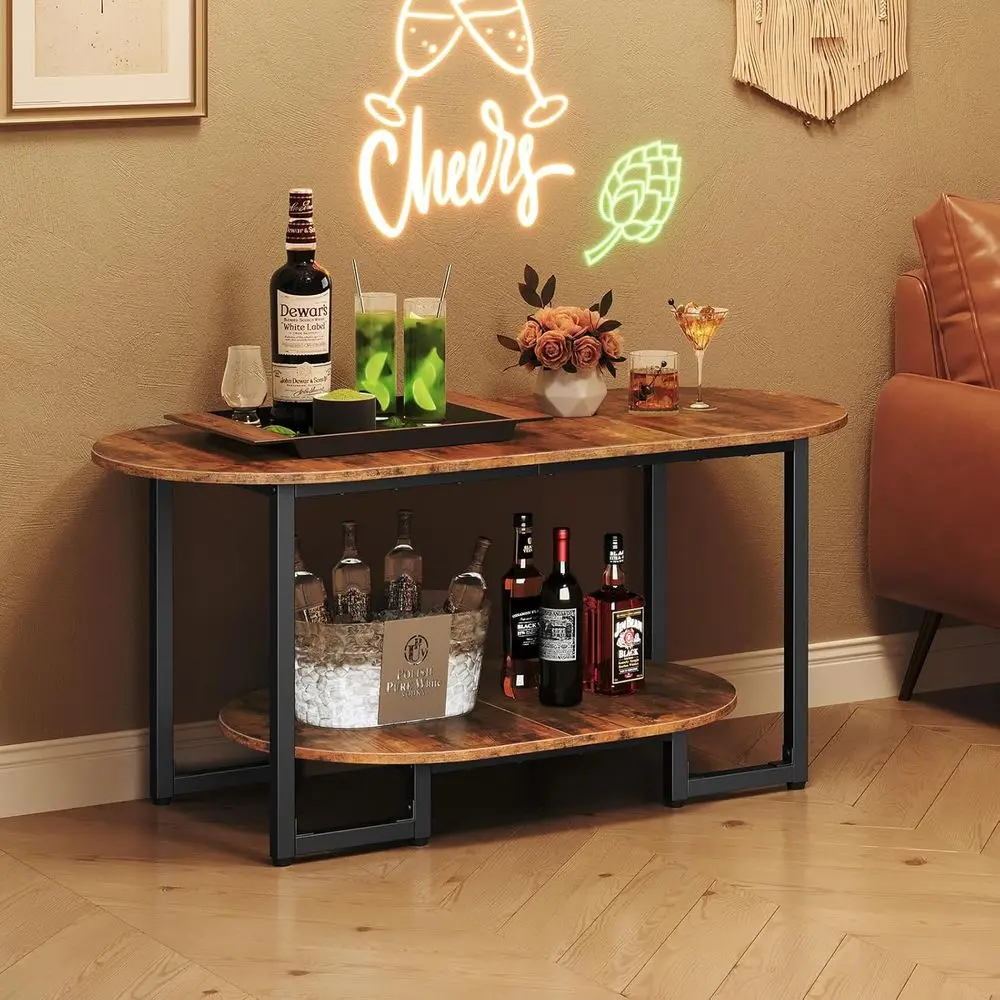 Rustic Brown 2-Tier Oval Coffee Table with Storage for Living Room & Home Office