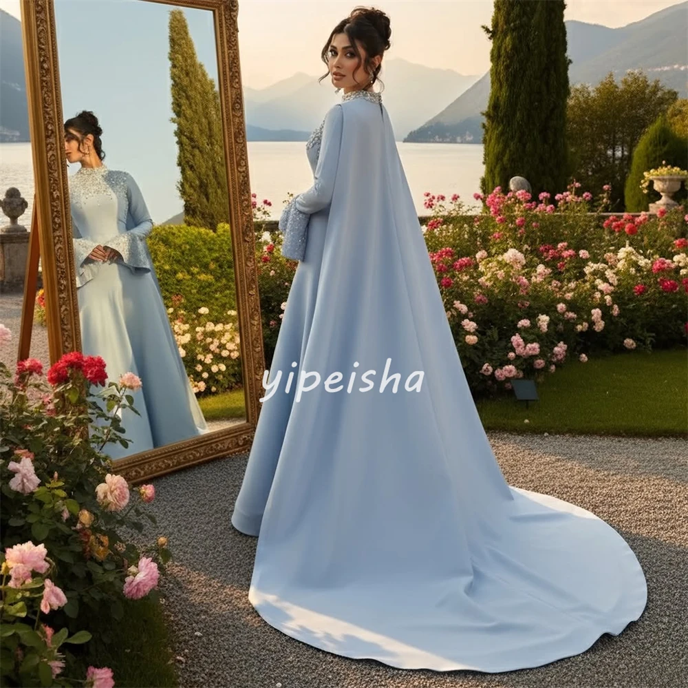 Customized Formal Evening Dresses Elegant Fashion Jersey Crystal Ruched A-line Prom Dresses High Collar Long Sleeves Party Dress image 4