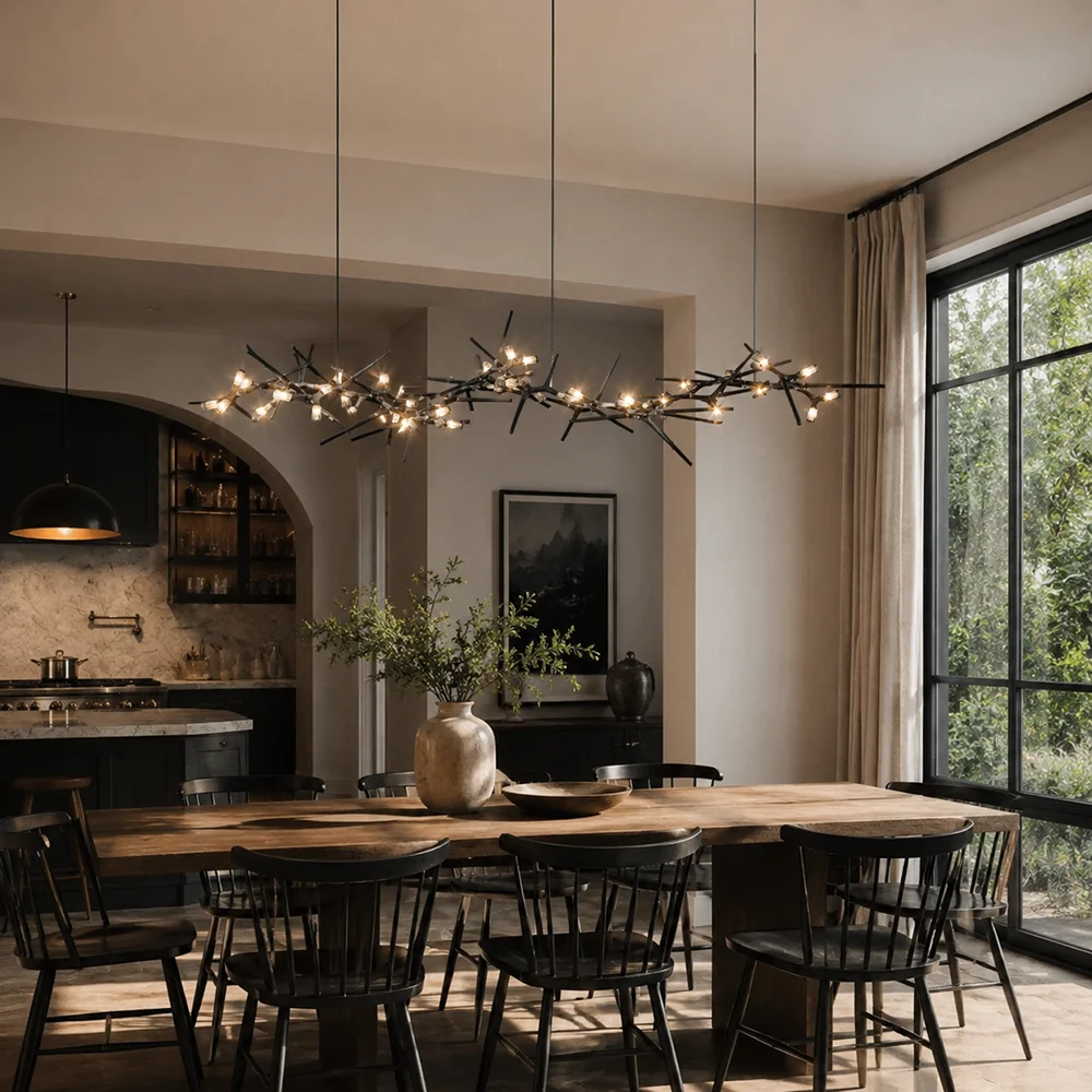 Lustre artistique moderne en forme de branche pour salle à manger, suspension LED en fer noir et verre, lampe suspendue de luxe pour îlot de cuisine