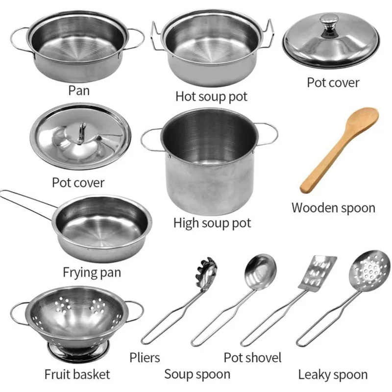 Kitchen Toy Set Simulation Cookware Cooking Utensils Apron Pot Pretend Playset Stainless Steel Pot Pan Cooking Utensil Tool Toys