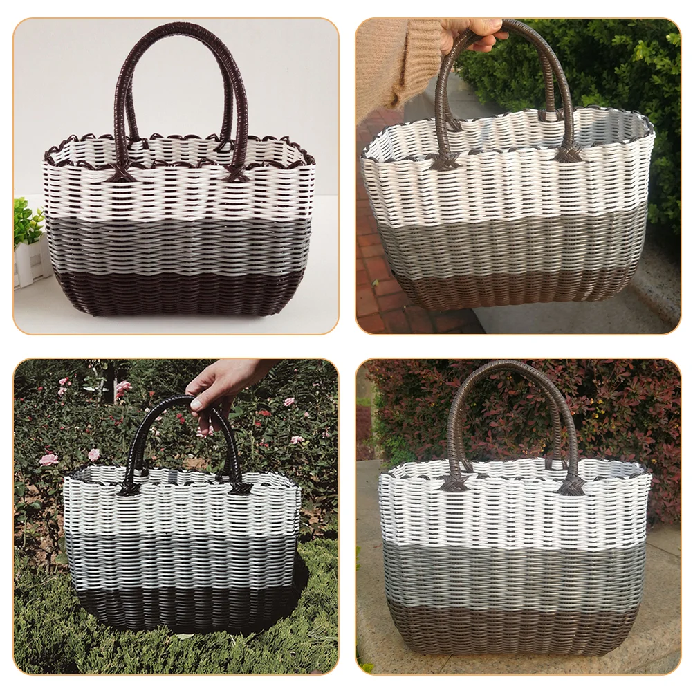 African Market Basket Woven Straw Handle Grocery Bag Shopping Vegetable Tote Home Outdoor