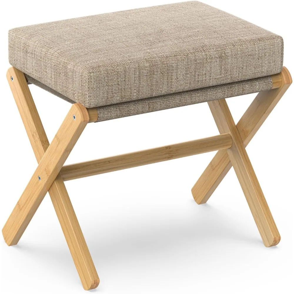Foldable Bamboo Foot Stool Ottoman with Thick Foam Cushion, X-Leg Design for Living Room Bedroom Office