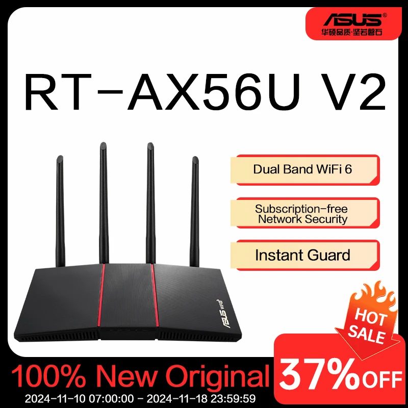 ASUS RT-AX56U V2 (AX1800) Dual Band WiFi 6 Extendable Router - White, Subscription-free Network Security, Instant Guard