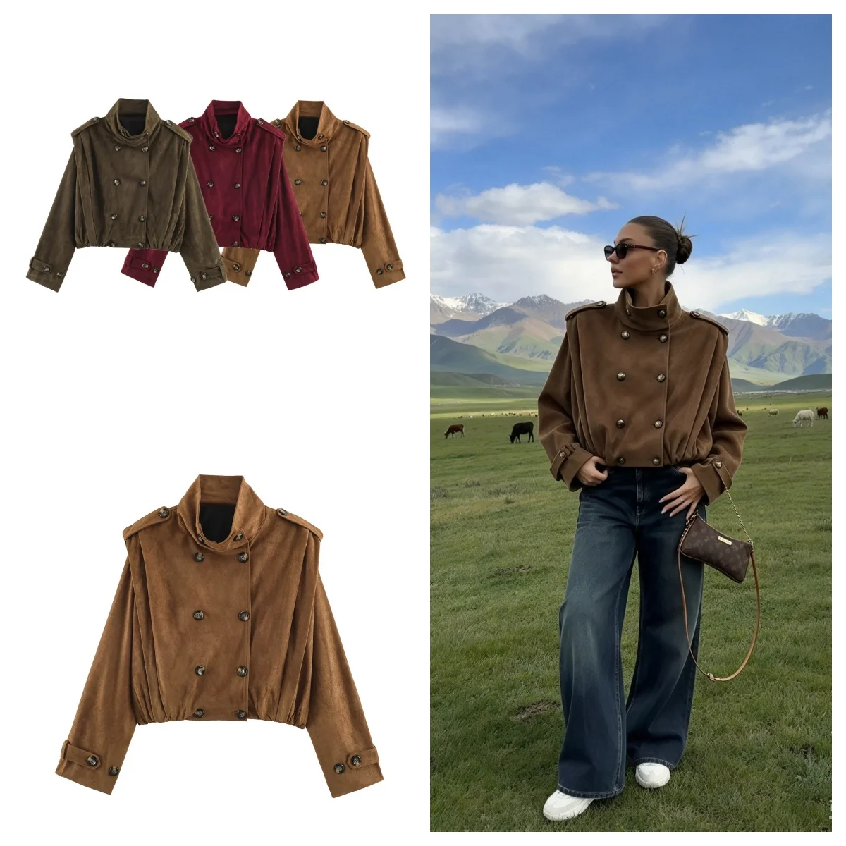 Guobioziy Women Vintage Military Jacket Faux Suede Double Breasted Stand Collar Short Coat Epaulettes Autumn Outerwear New