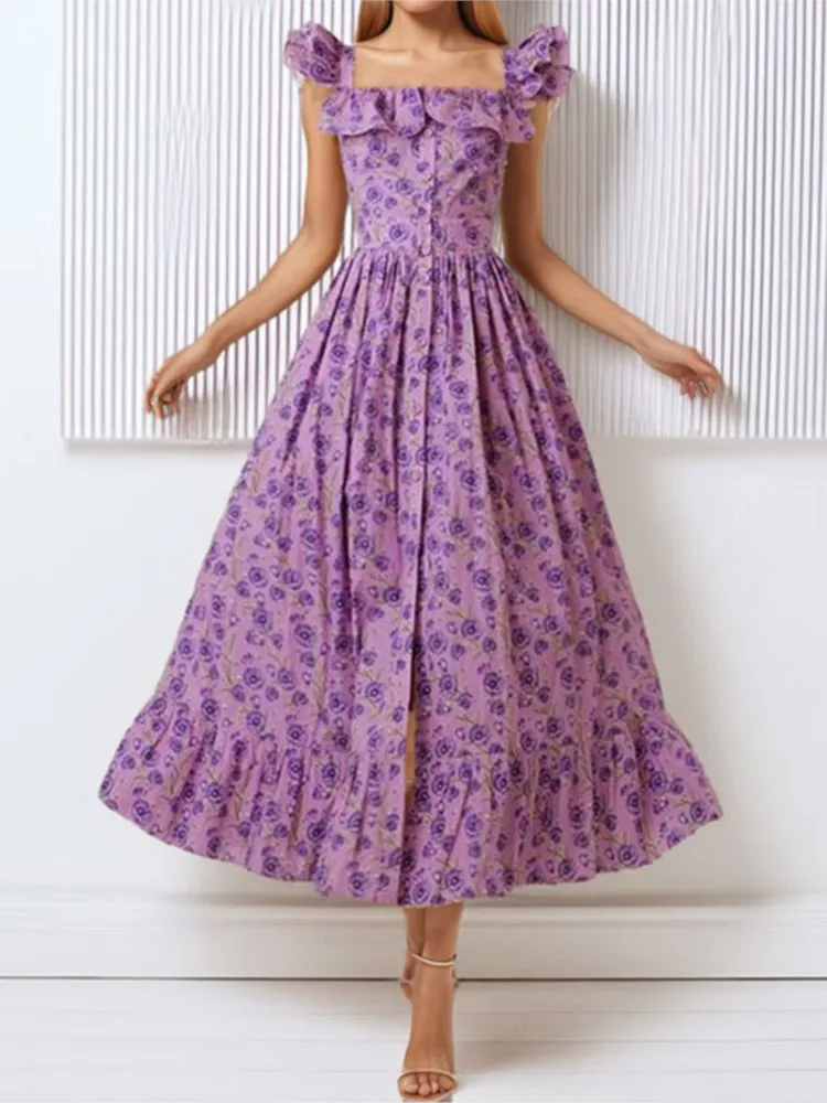 Abito casual a vita alta di nuova moda da donna Primavera Elegante temperamento Colletto quadrato Manica volante Abiti a vita con fiori spezzati