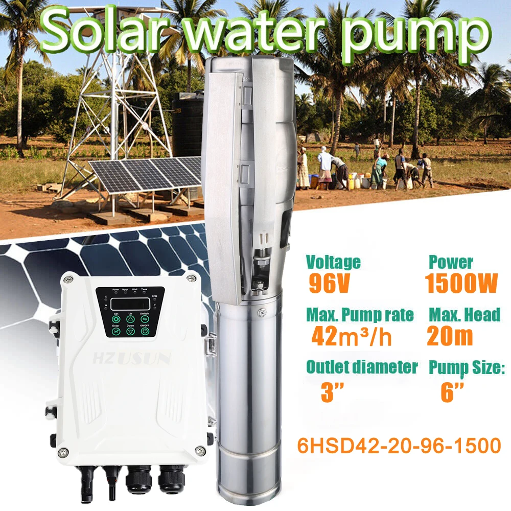 

HZUSUN 2HP 3'' Outlet Solar Powered High Volume Shallow Well Water Transfer Pumps DC Solar Agriculture Drip Irrigation Pump Set