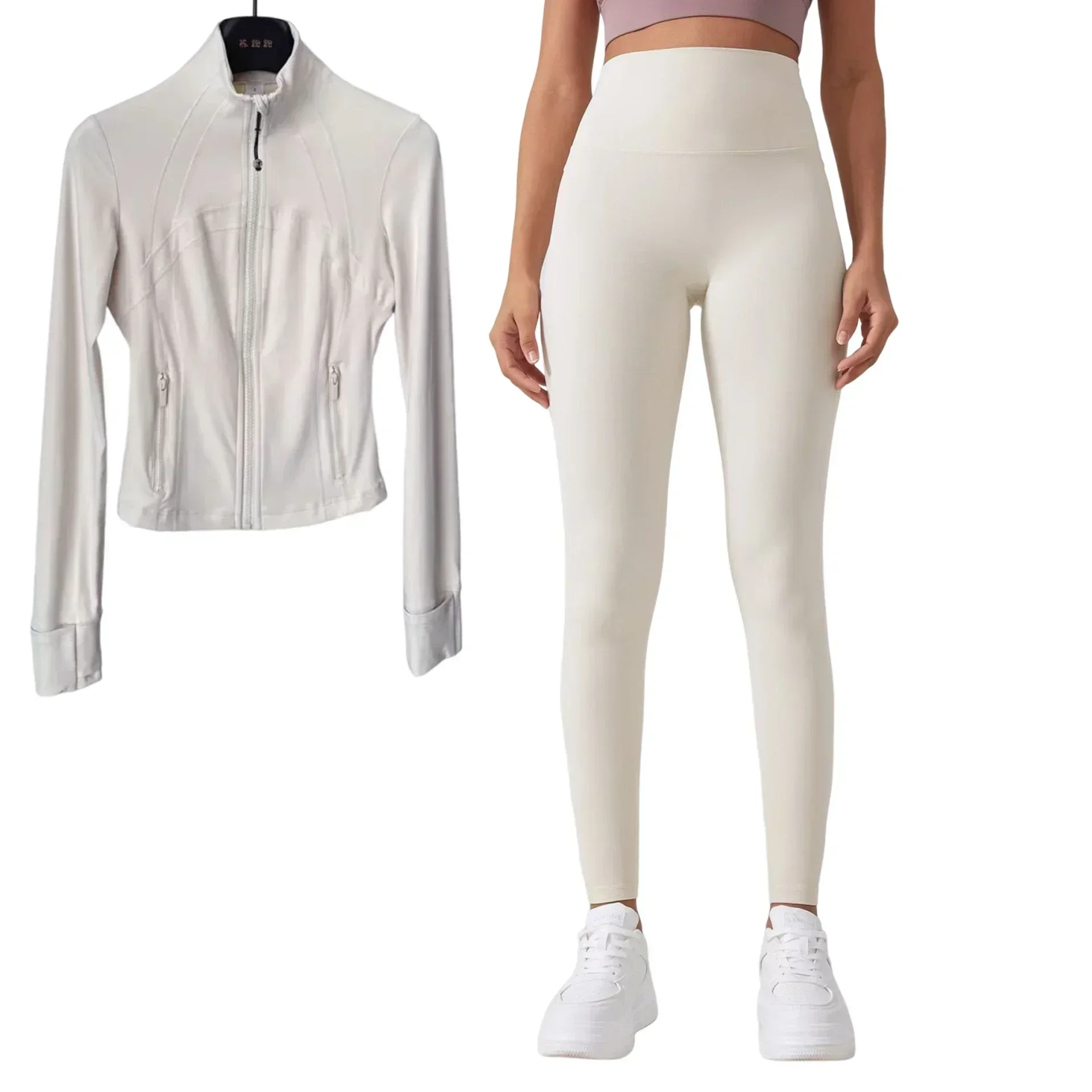 

Lemon Women 2 Pcs Sport Set Cropped Define Jacket Running Gym Yoga Jacket Standing Collar Tight-fitting Sportswear Leggings Suit
