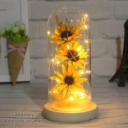 Artificial Sunflower in Glass Dome with Led Light Strip Enchanted Sunflower Lamp Anniversary Romantic Gifts for Women New